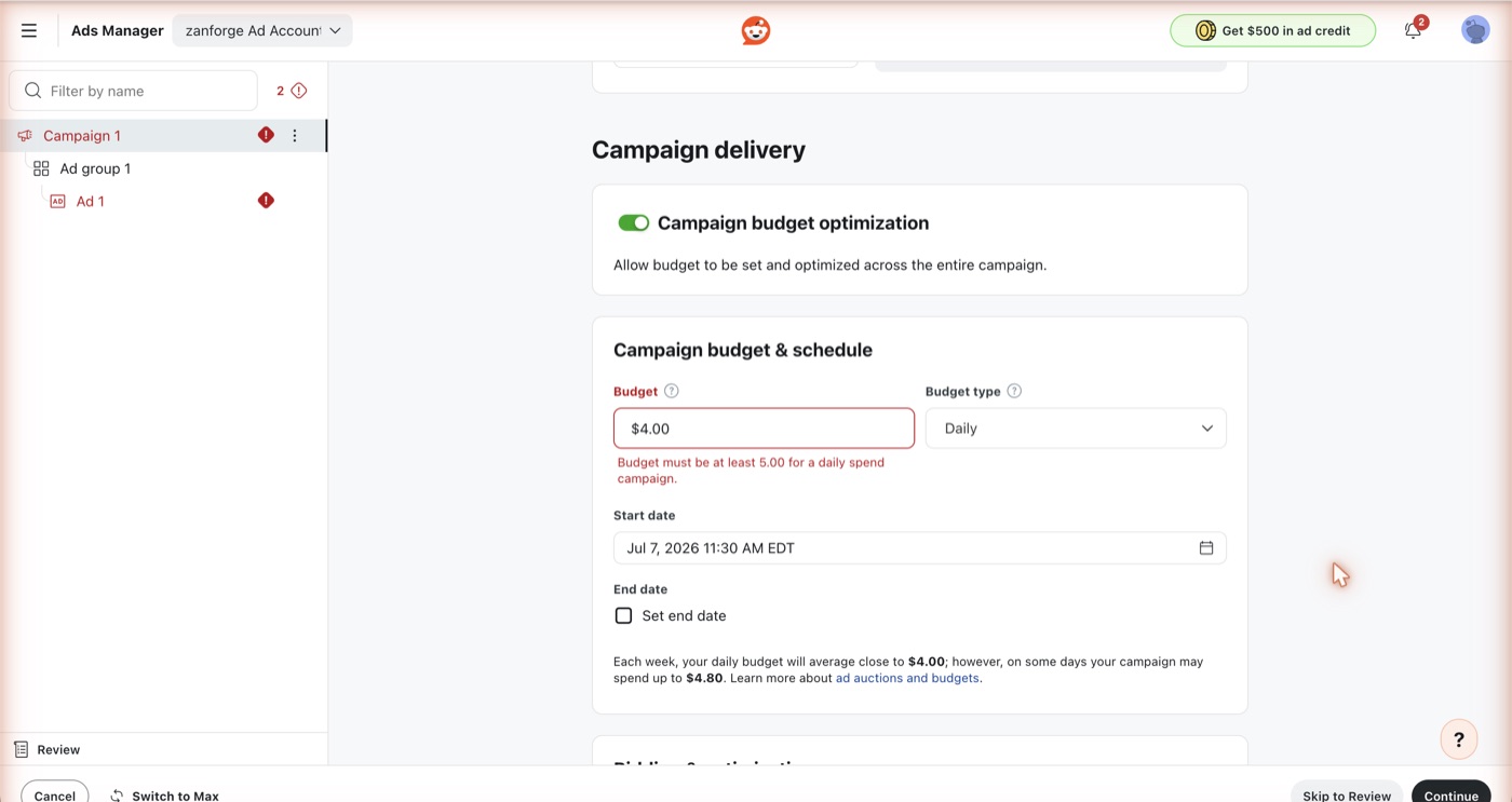 Reddit Ads budget field showing a 4 dollar daily budget rejected with the validation error budget must be at least 5 dollars for a daily spend campaign