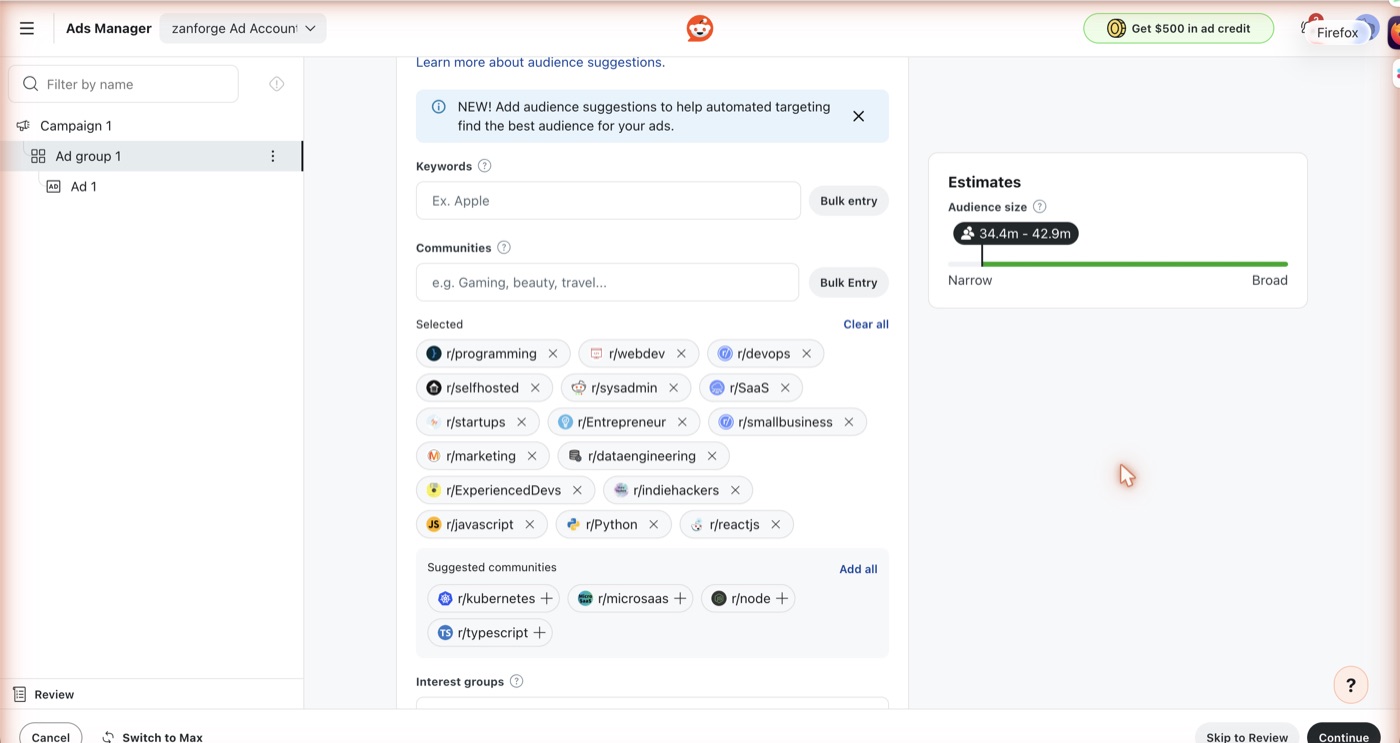 Reddit Ads ad group setup showing community targeting with a stacked list of subreddits and the audience estimate panel