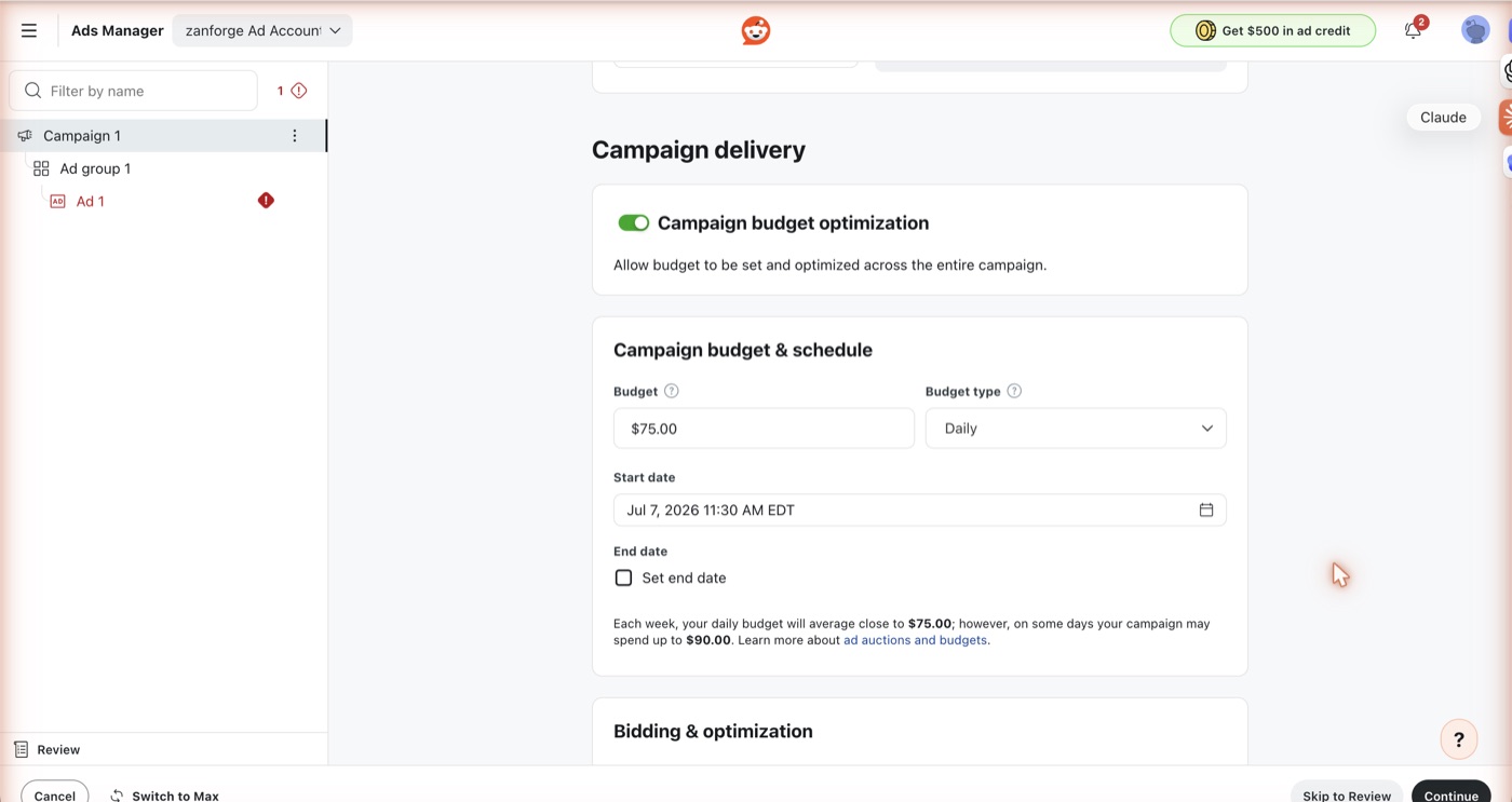 Reddit Ads campaign budget screen with a 75 dollar daily budget, budget type set to daily, and campaign budget optimization enabled