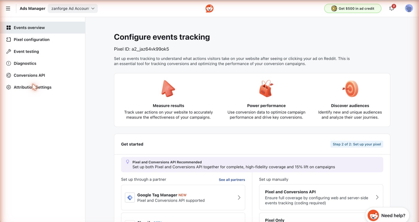 Reddit Events Manager screen for configuring the Reddit Pixel and Conversions API, with partner integrations for Google Tag Manager and Shopify