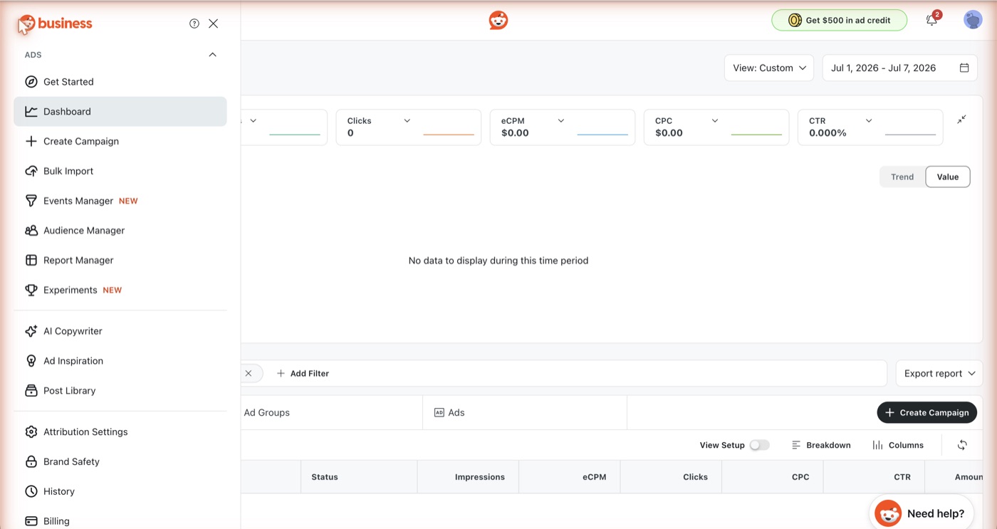 Reddit Ads Manager dashboard with the left navigation open: metric tiles for spend, impressions, clicks, eCPM, CPC and CTR above the Campaigns table
