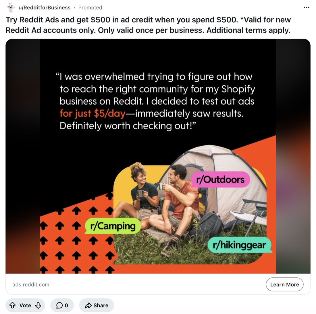 A real promoted post in the Reddit feed: Reddit for Business image ad with the Promoted tag, a customer-quote creative, subreddit callouts, a Learn More CTA button, and open vote and comment controls